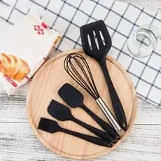 Kit 5 Utensílios de Cozinha Silicone – Colher, Espátula Grande e Pequena, Fouet, Pincel de Culinária