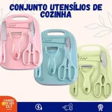 Kit 5 Peças Utensílios De Cozinha Completo Faca Inox Tesoura Culinária Descascador E Tábua De Corte Multifuncional