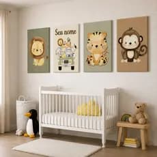Kit 4 Quadros Decorativos Safari Baby Personalizado Com Nome Brinde Faixa  Adesiva de Parede