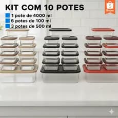 Kit 10 Potes Plásticos Quadrados | Jogo para Armazenar Alimentos e Congelar