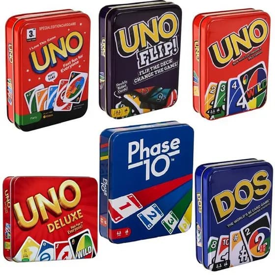 Jogos Originais Mattel Party Uno Caixa De Metal Clássico Flip Wild Dos Deluxe Diversão Rápida Cartão De Mesa Brinquedos