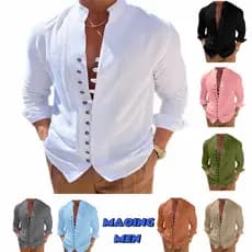 [MAOINGMEN] Camisa Vintage Masculina de Algodão e Linho Casual de Manga Longa Solta Moda de Rua Camisas com Botões Roupa