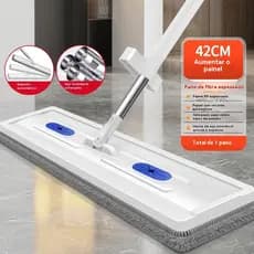 Esfregão Mop Plano Lazy Microfibra | Seco & Molhado | Cabo Ajustável Piso Cerâmica Porcelanato