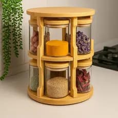 Porta Temperos Condimento Giratório 10 Potes Vidro Tampa Bambu Hermético 250ML Suporte Organizador