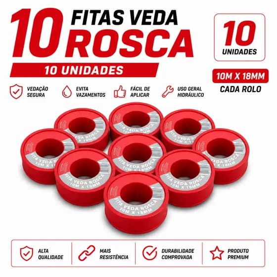 Kit 10 Fitas Veda Rosca 10m x 18mm Para Instalações Hidráulicas