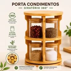Porta Temperos Condimento Giratório 8 Potes Vidro Tampa Bambu Hermético 200ML Suporte Organizador