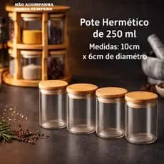 Pote Hermetico De Vidro 250ml Para Porta Tempero Condimentos Tampa Bambu Hermetica Temperos 4 Peças