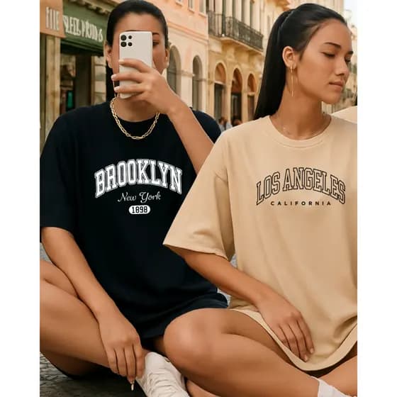 KIT 2 CAMISETAS - BROOKLYN NEW YORK 1898 + LOS ANGELES CALIFORNIA moda feminina street promoção
