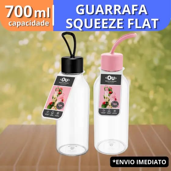 Garrafa Squeeze com Alça Flat 700ml Preto Rosa Academia Camping Trabalho Rotina Água  Minimalista