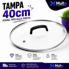 Tampa de vidro temperado 40cm, pomel preto, com saída de vapor e borda em aço inox