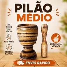 Pilão médio de Madeira rústico 15cm com socador rústico resistente