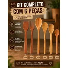 Kit colher madeira maciça pau 6 peças artesanal rústico não risca lisa