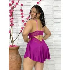Camisola Feminina Com Calcinha Plus Size Sensual em Renda Conforto Costas Dormir Inverno Mulher