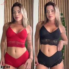 Kit 2 Top Doll Cropped Rendado Sensual Baby Doll Shortinho Calesson