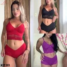 Kit 3 Top Doll Cropped Rendado Sensual Baby Doll Shortinho Calesson