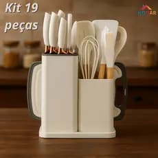 KIT 19 Peças Conjunto de Utensílios de Silicone com Cabo de Madeira e Kit de Facas com Tábua