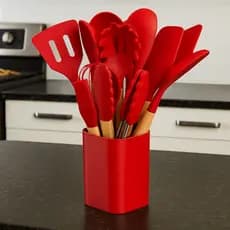 Jogo de Cozinha Kit C/12 Peças Utensílios de Cozinha em Silicone e Cabo de Madeira Antiaderentes