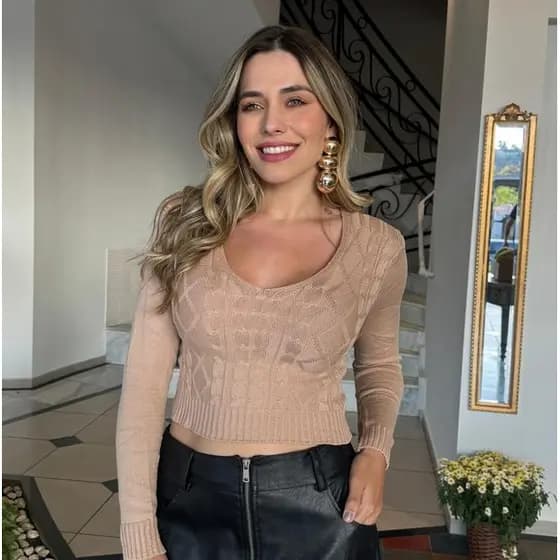 MODAL BLUSA CROPED INVERNO TRANÇA feminina DECOTE V TRICOT MODA BLOGUEIRA INSTAGRAM ELEGANTE INVERNO