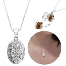 Romena Colar Porta Foto Relicario Oval Com Flores Banhado a Prata 925