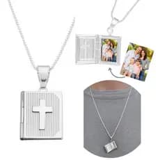 Romena Colar Com Foto Relicario Livro Biblia Masculino Prata 925 Banhado Corrente 60 cm Presente