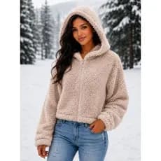✨ Jaqueta Teddy casaquinho tipo top Feminina com Capuz sem bolso.