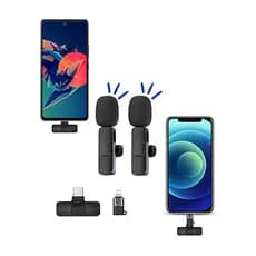 Microfones de lapela duplos sem fio para transmissão de longa distância com entradas Lightning e Type-C.