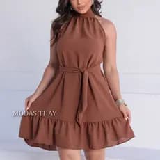 Vestido Feminino Liso Curto Tecido Duna com Amarração Caimento Soltinho Gola Halter   Gringa
