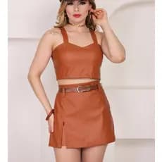 CONJUNTO COURO FEMININO CROPPET + SHORT SAIA ELEGANTE E VERSATIL TENDENCIA INVERNO