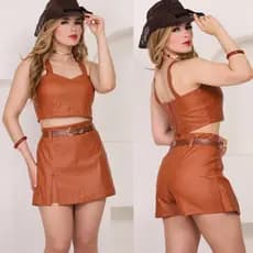 CONJUNTO COURO FMININO CROPPET + SHORT SAIA TENDENCIA 2026 SUPER FASHIONS