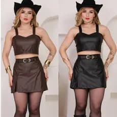 CONJUNTO COURO FEMININO  MODERNO E LUXO CROPET+SHORT SAIA
