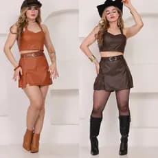 CONJUNTO EM COURO FEMININO  CROPPET + SHORT SAIA SUPER ELEGANTE LOOK MODERNO