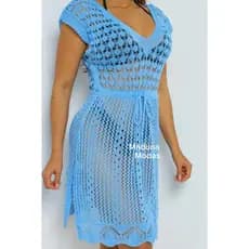 Saida de praia trabalhada estilo vestido manga curta saida de praia trico feminina
