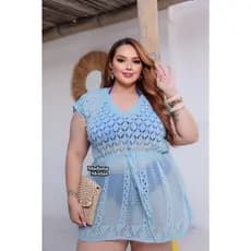 Saida de praia plus size trabalhada estilo vestido manga curta saida de praia feminina trico plus size moda verão