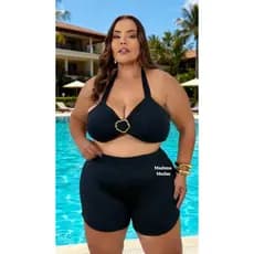Conjunto biquíni liso plus size mais shorts 3 peças Triquíni plus size 3 peças feminino moda verão