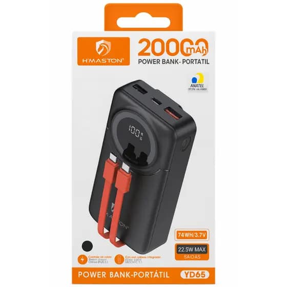 Power Bank Portátil 20.000mAh H'MASTON YD65 – Com Carregamento Rápido 🔥