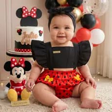 Romper Bebê Mesversário Minnie Vermelha jardineira com faixa de cabelo – Tamanho Único