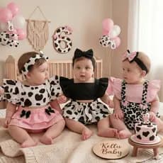 Romper jardineira mesversario menina vaquinha body temático bebê safari