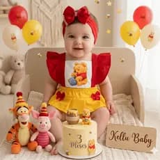Romper Ursinho Pooh Bebê Menina Mesversário 0 a 3 Meses Tactel salopete Puff