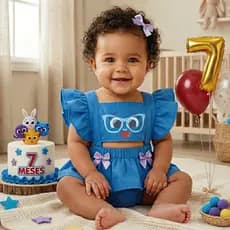 Romper Salopete bolofofo sophie azul mesversário bebê 0 a 9 meses