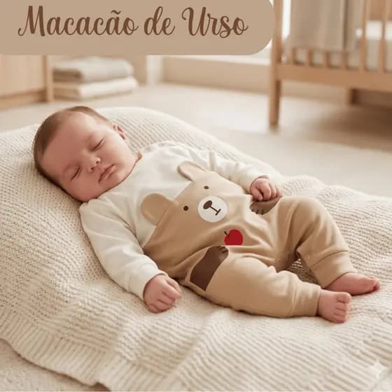 Macacão Bebê Ursinho 0 a 3 Meses Macio Confortável Roupa de Bebê Menino Nude Clean