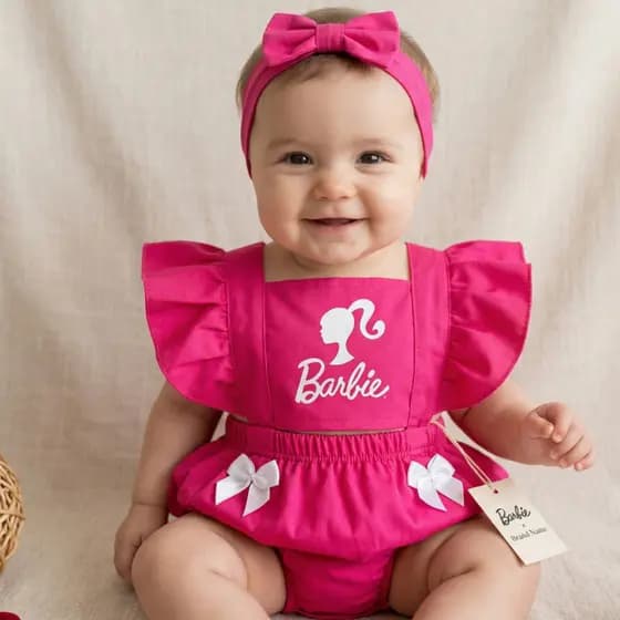 Romper Bebê Barbie Rosa com Faixa | Look Mesversário Menina 0 a 9 Meses