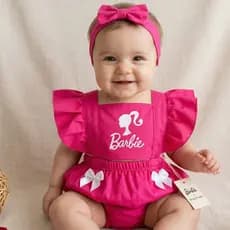 Romper Bebê Barbie Rosa com Faixa | Look Mesversário Menina 0 a 9 Meses