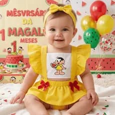 Romper Magali Infantil Temático Mesversário Melancia Roupa De Bebe Turma da Monica, Salopete Romper Body com Vestidinho