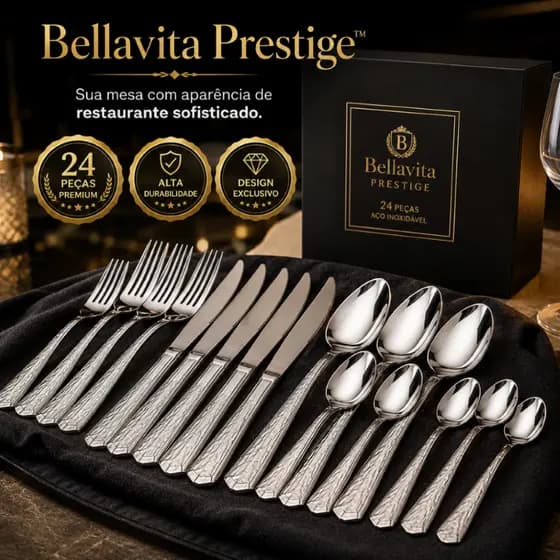 Faqueiro Bellavita Prestige 24 Peças em Aço Inox Premium Conjunto Completo de Talheres Resistente Antiferrugem