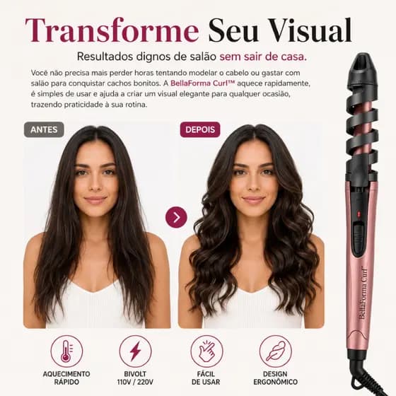 Modelador de Cachos BellaForma Curl™ Bivolt 30W Aquecimento Rápido Modelador de Cabelo Profissional