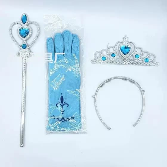 Kit Acessório Infantil Princesa Elsa Frozen Azul com Varinha Coroa Luva e Varinha Fadinha Aniversário Festa Fantasia