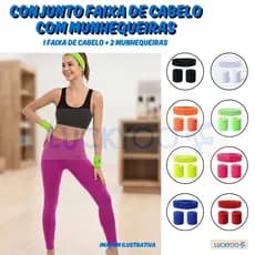 Conjunto Faixa de Cabelo + 2 Munhequeiras Atoalhadas Academia Fitness Esportivo Skin Care Crossfit Treino Corrida