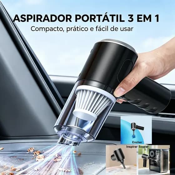 Aspirador De Pó Portátil Potente 3 em 1 USB, Ideal para Carro e Casa com Limpeza Completa