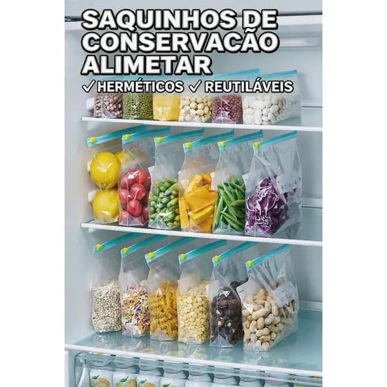 kit 20 Sacos Herméticos Guarda Comida Organização de Cozinha Reutilizáveis Não Vaza