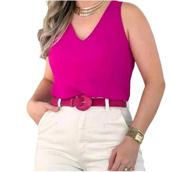 Blusa  Regata Gola V  Feminina Alça Larga Grossa Alfaiataria  Tendência Regata Lisa Básica Elegante
